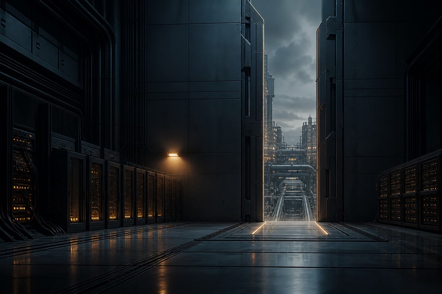 A dark isolated server chamber opening through a narrow breach to outside infrastructure
