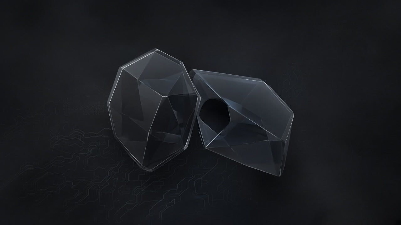 Two interlocking translucent geometric masks floating over faint circuit topography in graphite fog