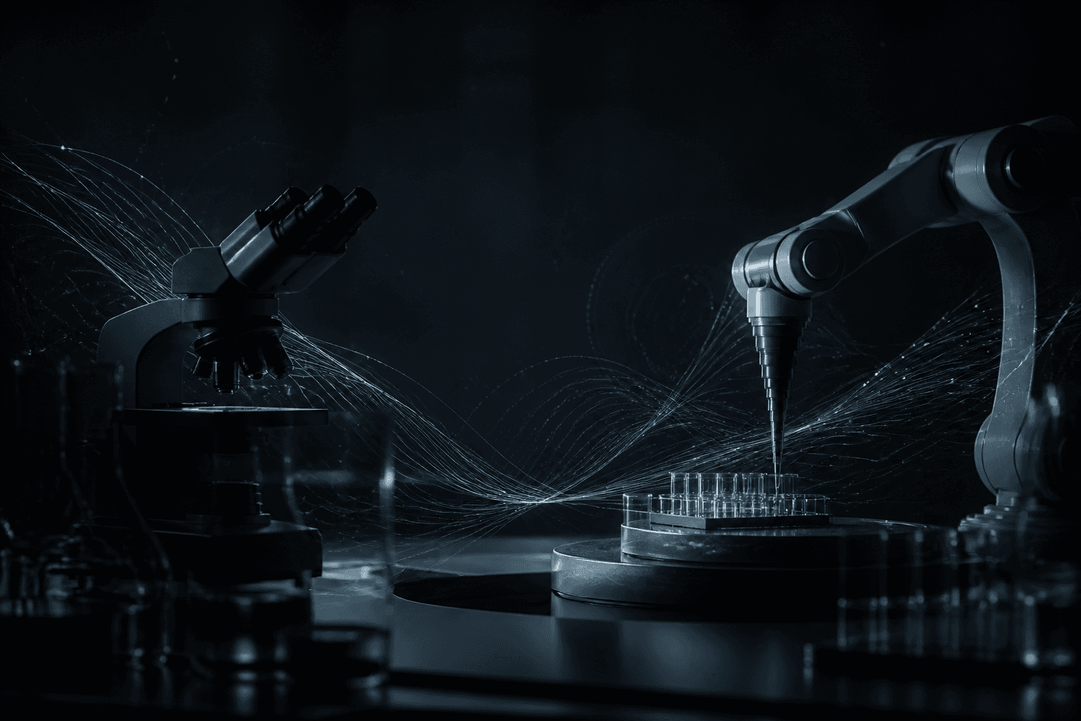 A dark lab bench where a robotic arm and microscope are linked by soft cold-blue data filaments