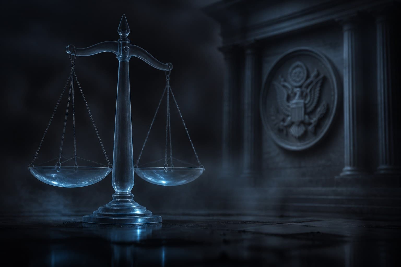 Frosted glass scales of justice glowing cold blue before a dark classical seal and columns