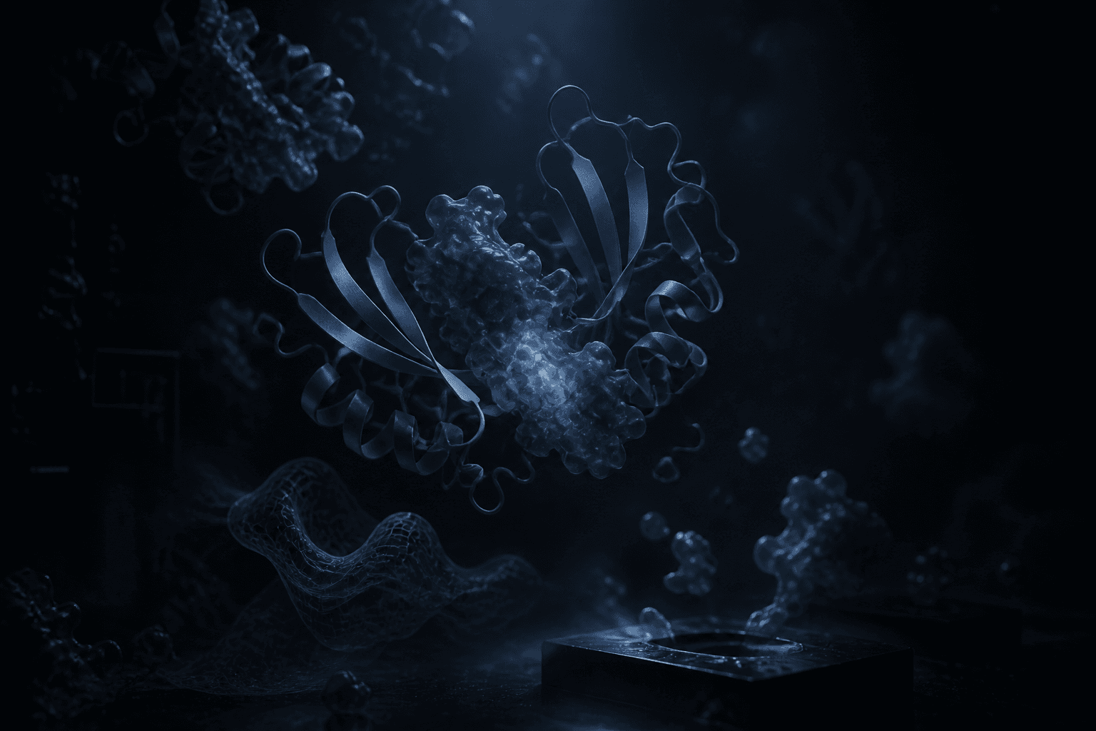 Luminous molecular ribbons docking in a dark graphite laboratory haze with cold steel-blue light