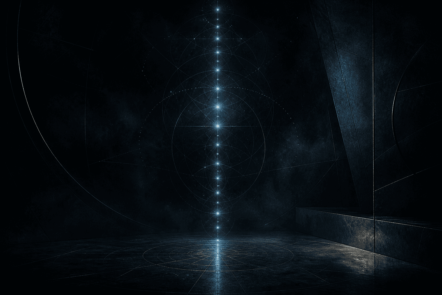 A constellation of luminous points along a vertical critical line in near-black graphite space, cold steel-blue mathematical light