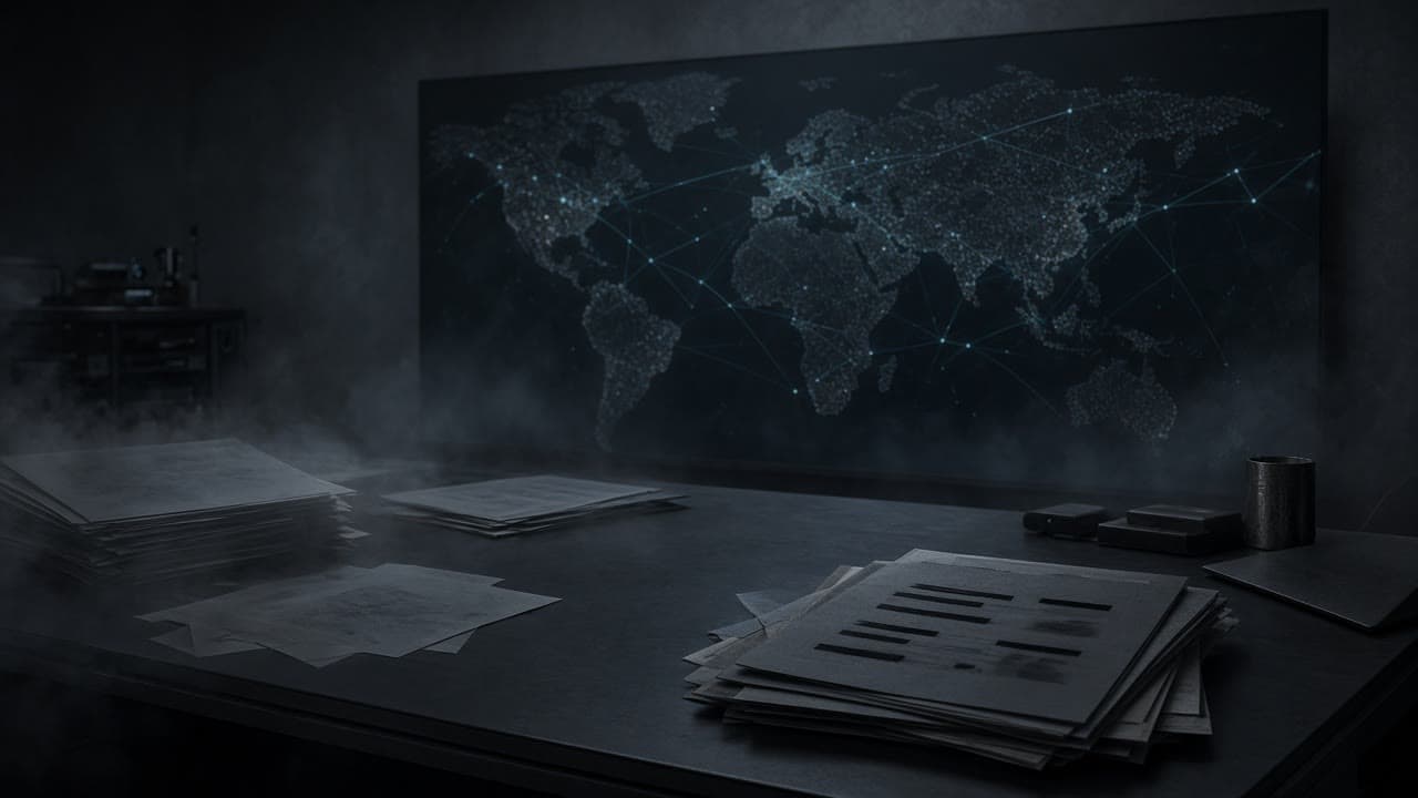 A dark operations map of faint nodes and thin cyan trails over graphite fog