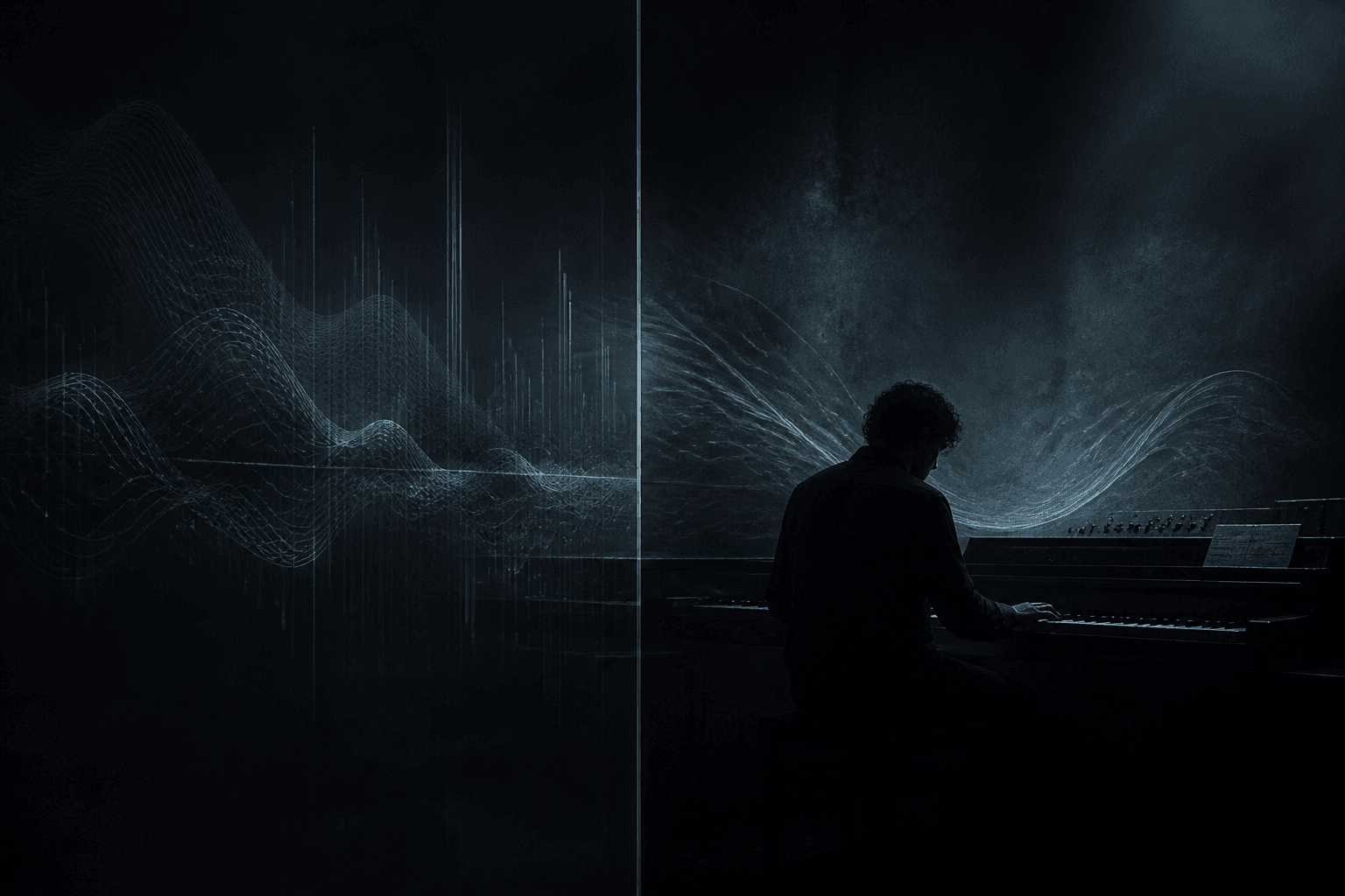 A human figure at a dark mixing desk beside soft spectral waveforms held behind a translucent boundary