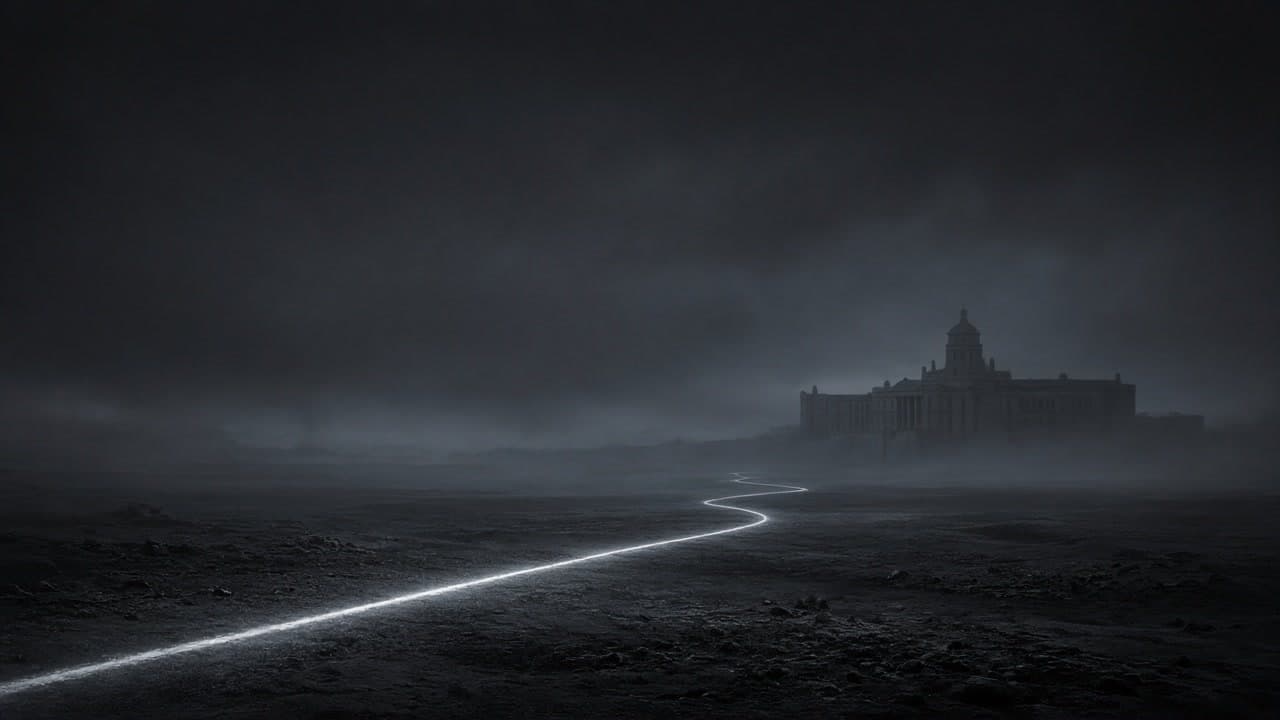 A single cold-white line of light stretching across graphite void toward a distant horizon