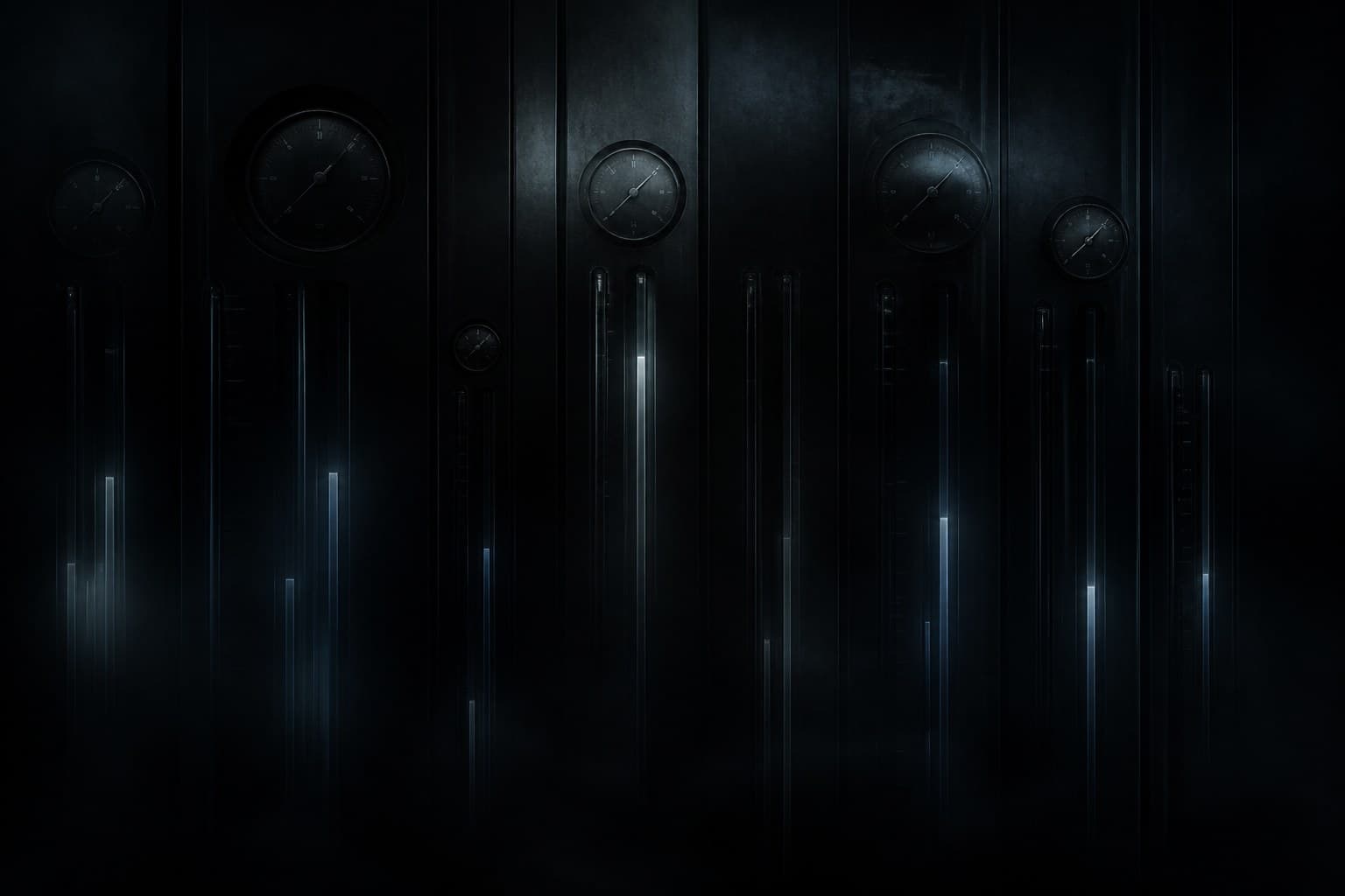 Dark brushed-metal meter panel with soft cold-blue usage bars sinking like a tide