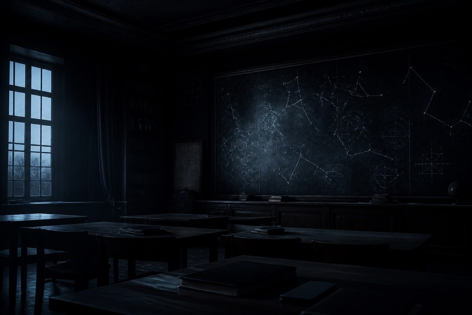 An empty dark classroom where a chalkboard of soft constellation diagrams catches cold window light