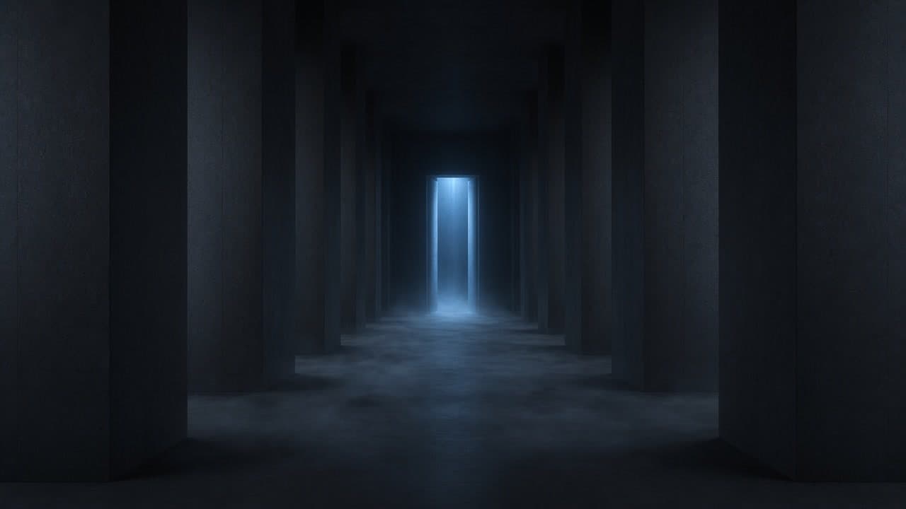 Quiet slate pillars framing a cold luminous doorway in a graphite academy corridor