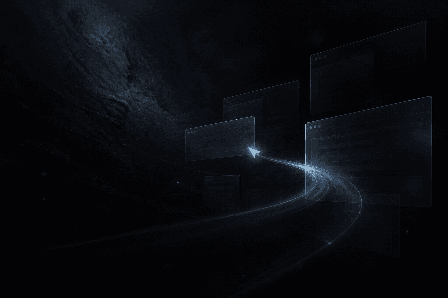 Translucent browser frames and a cold-blue cursor trail over a dark graphite void