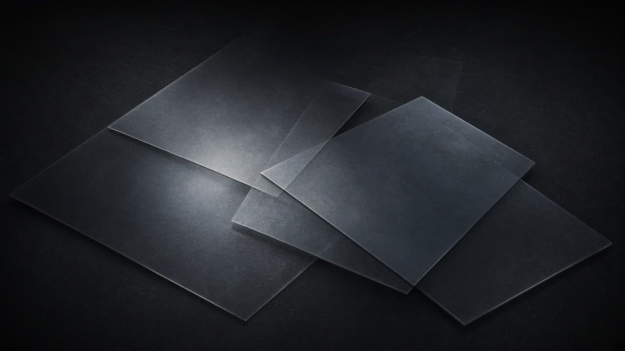 Translucent document and slide planes merging into one cold luminous surface on graphite