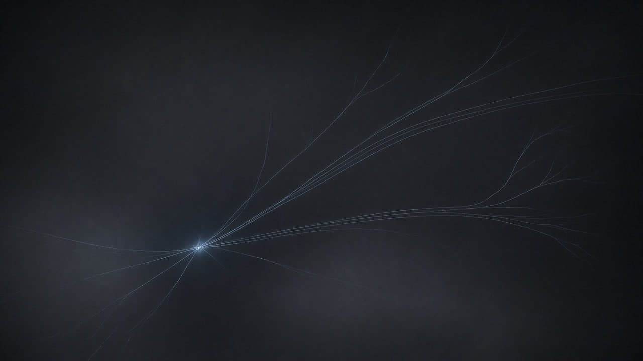 Cold-steel filaments branching from one luminous node into parallel paths across graphite void