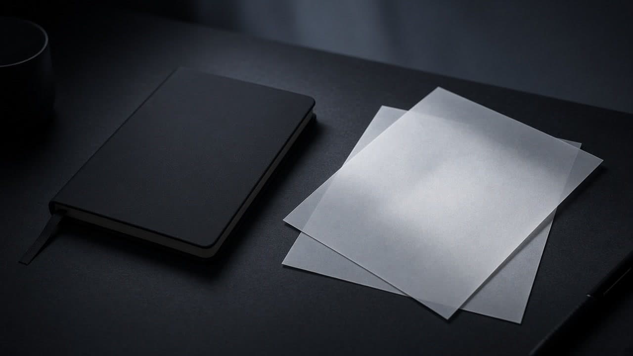 Matte dark notebook and thin luminous sheets on a charcoal desk under cold light