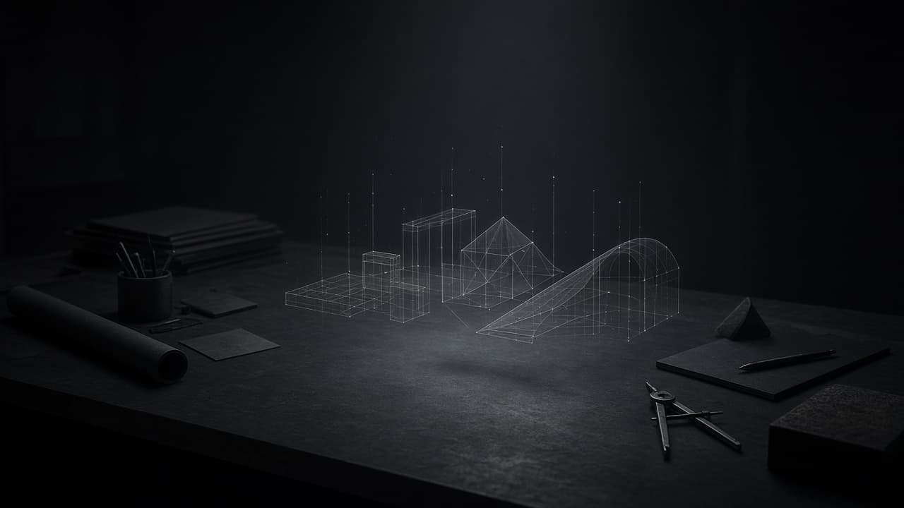 Quiet graphite founder desk with cold light rising through faint product wireframes