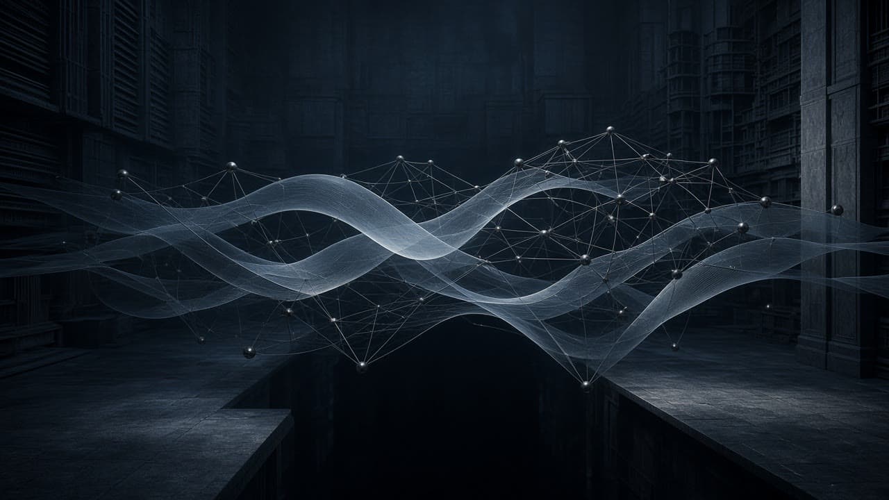 Translucent language ribbons bridging open-weight lattice nodes across a graphite archive void
