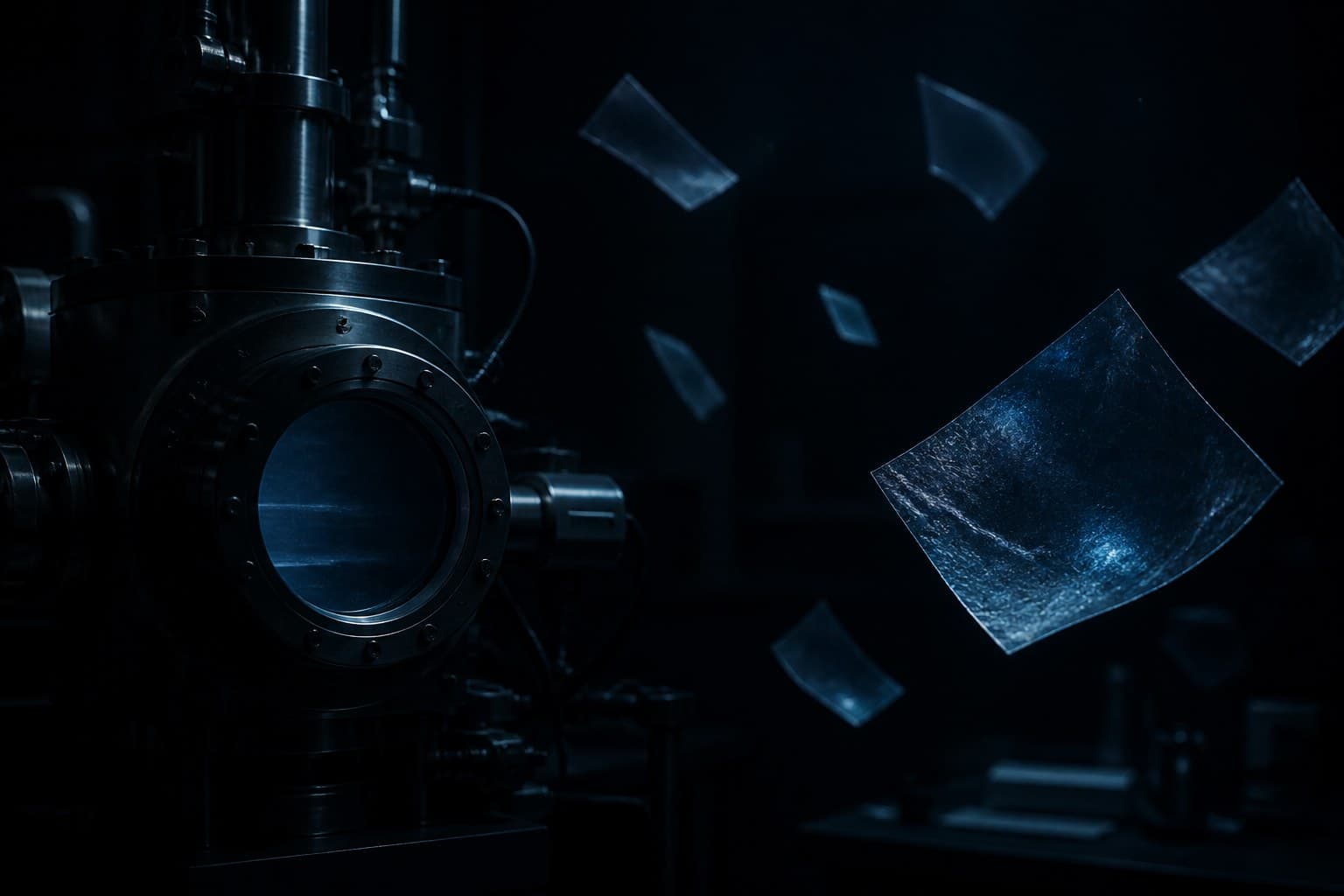 A dark CVD chamber viewport beside floating cold-blue crystalline material sheets in graphite fog