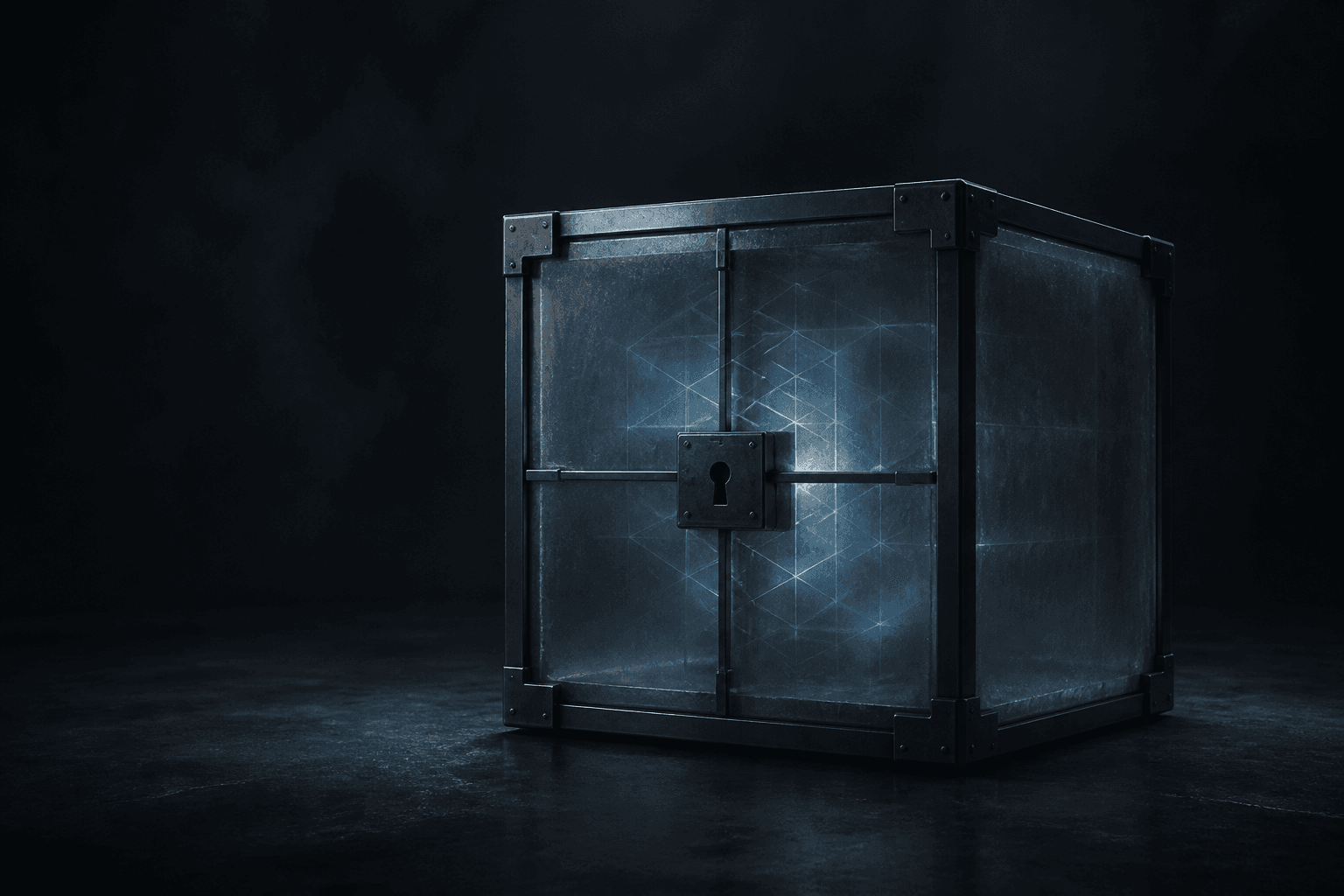 A frosted cryptographic cube glowing with cold lattice light on a dark reflective floor