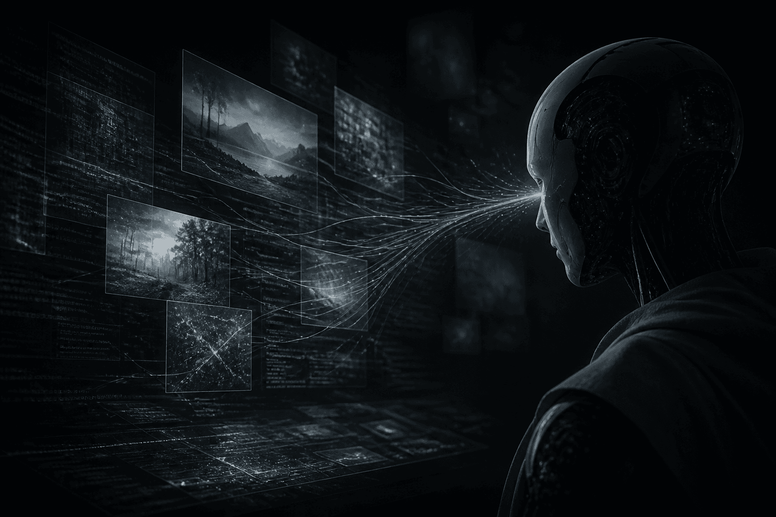 Layered glowing interface frames and soft light threads merging over a dark graphite field, suggesting vision for agents