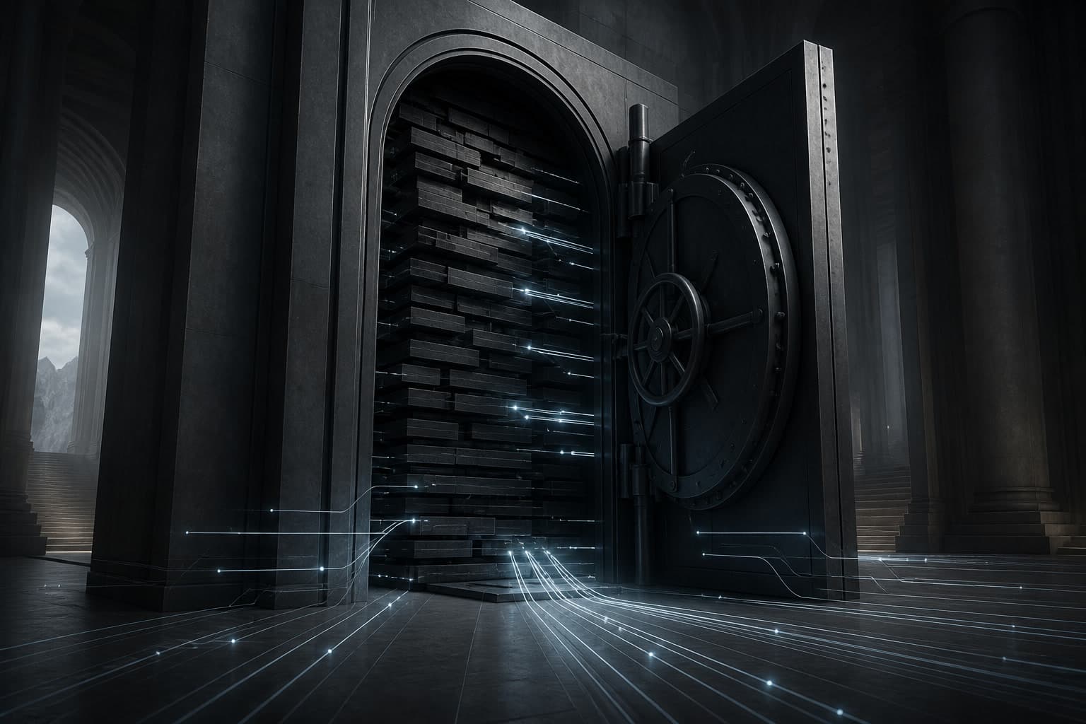 An open graphite vault filled with model blocks and cold blue data paths