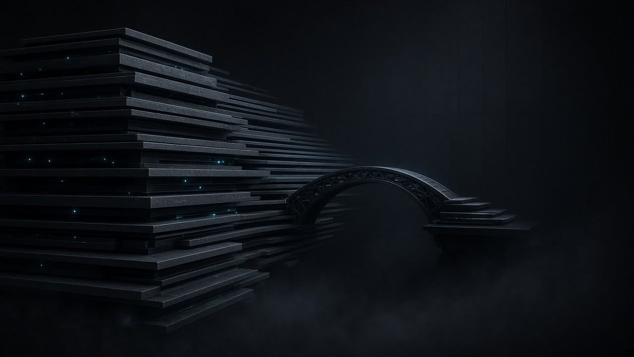 Stacked graphite memory slabs bridged by a cold-steel arch with sparse cyan sparks