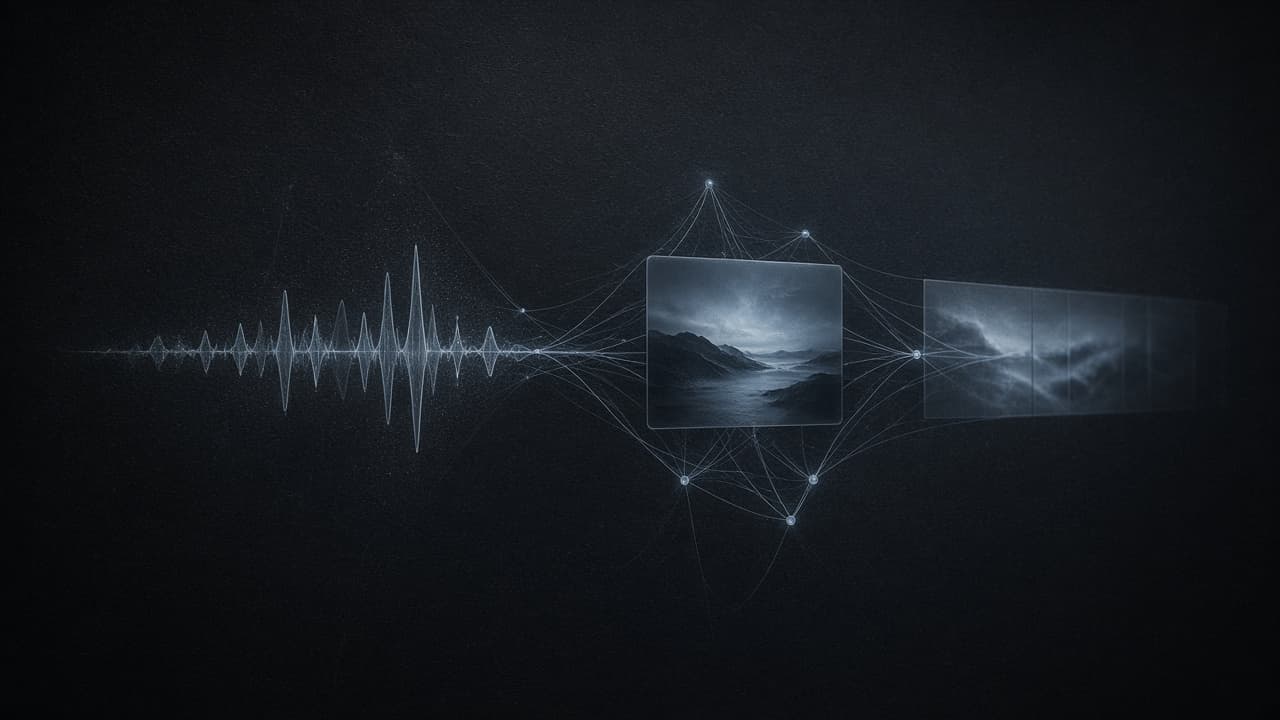 Cold luminous threads linking a voice waveform, a still frame, and a video strip into one graphite embedding lattice