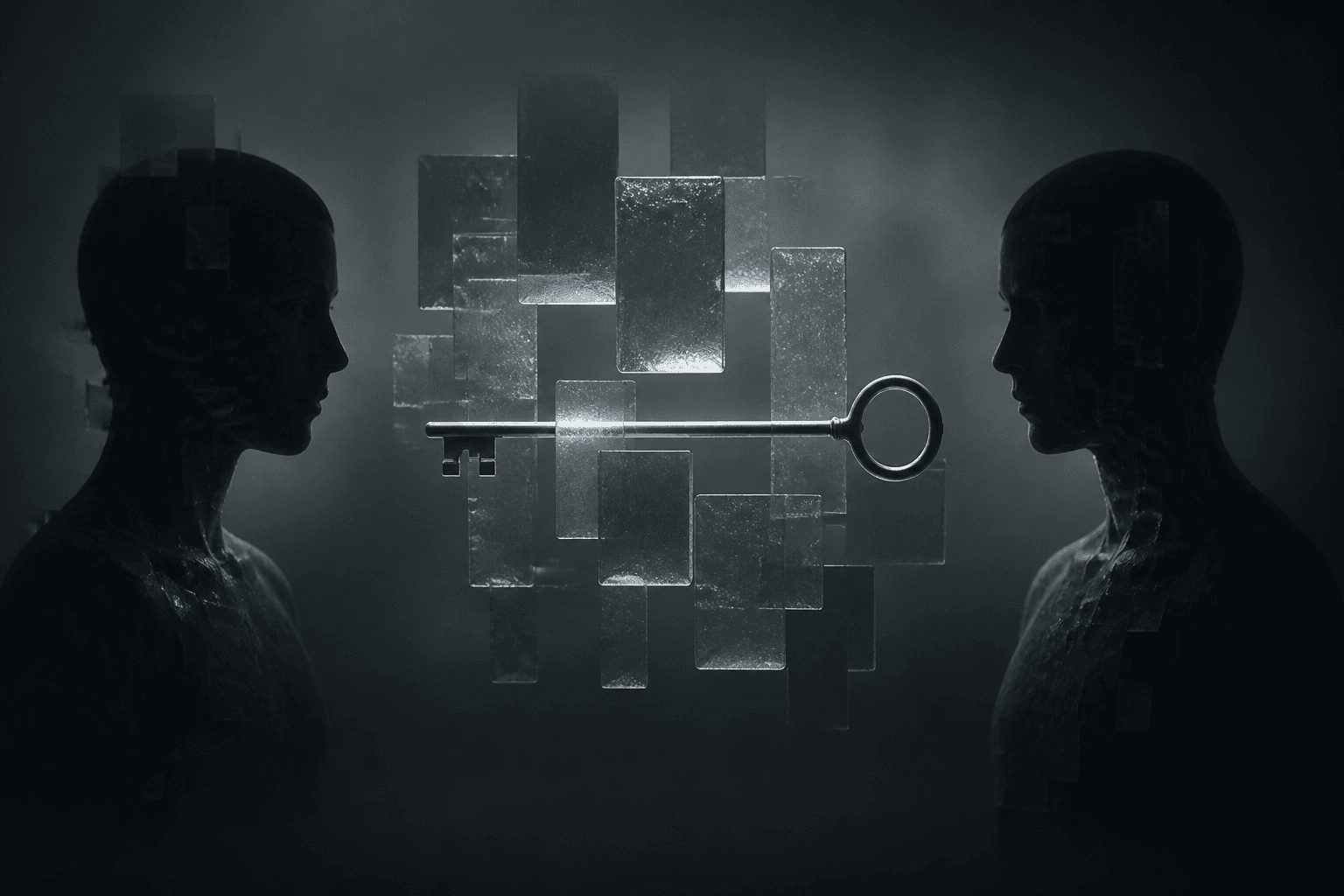 Frosted encrypted glass blocks floating between two dark model silhouettes, a thin cold-steel key motif suggesting a shared lock under probe