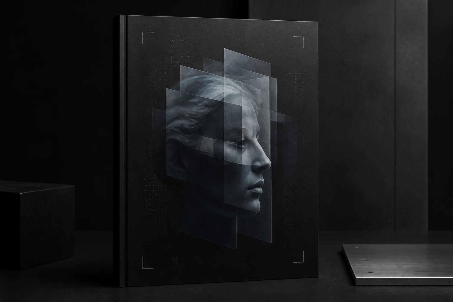 A monochrome synthetic portrait split across transparent registration layers