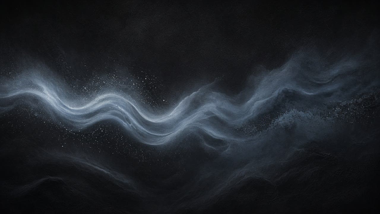 Cold luminous sound ribbons weaving through layered graphite mist