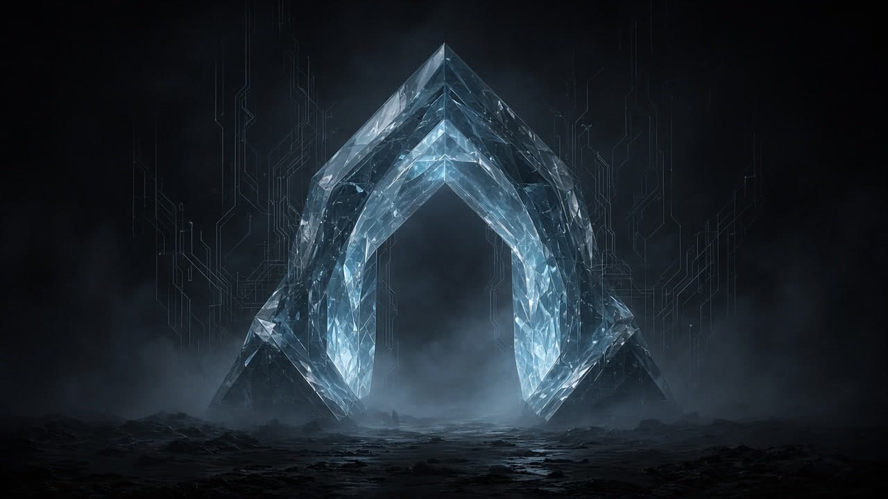 Translucent cold-blue crystalline gate rising from mist in a graphite void