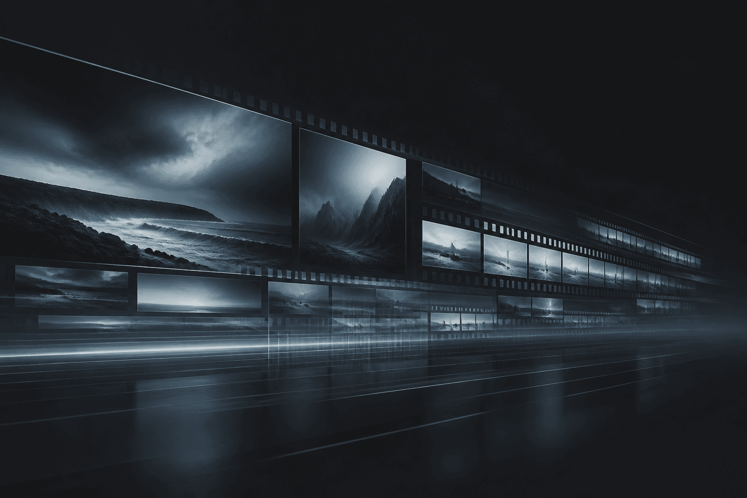 Rows of luminous cinematic frames receding into dark graphite fog like an extended film strip