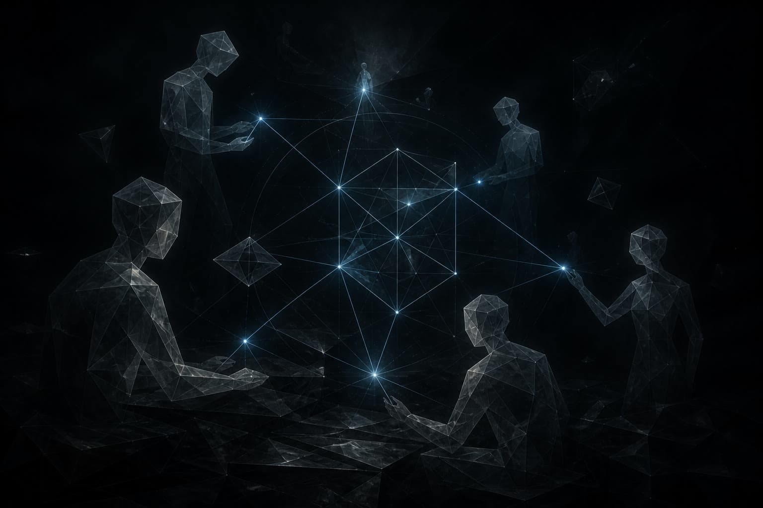 Translucent geometric agent figures tuning a cold-blue proof lattice in a dark void