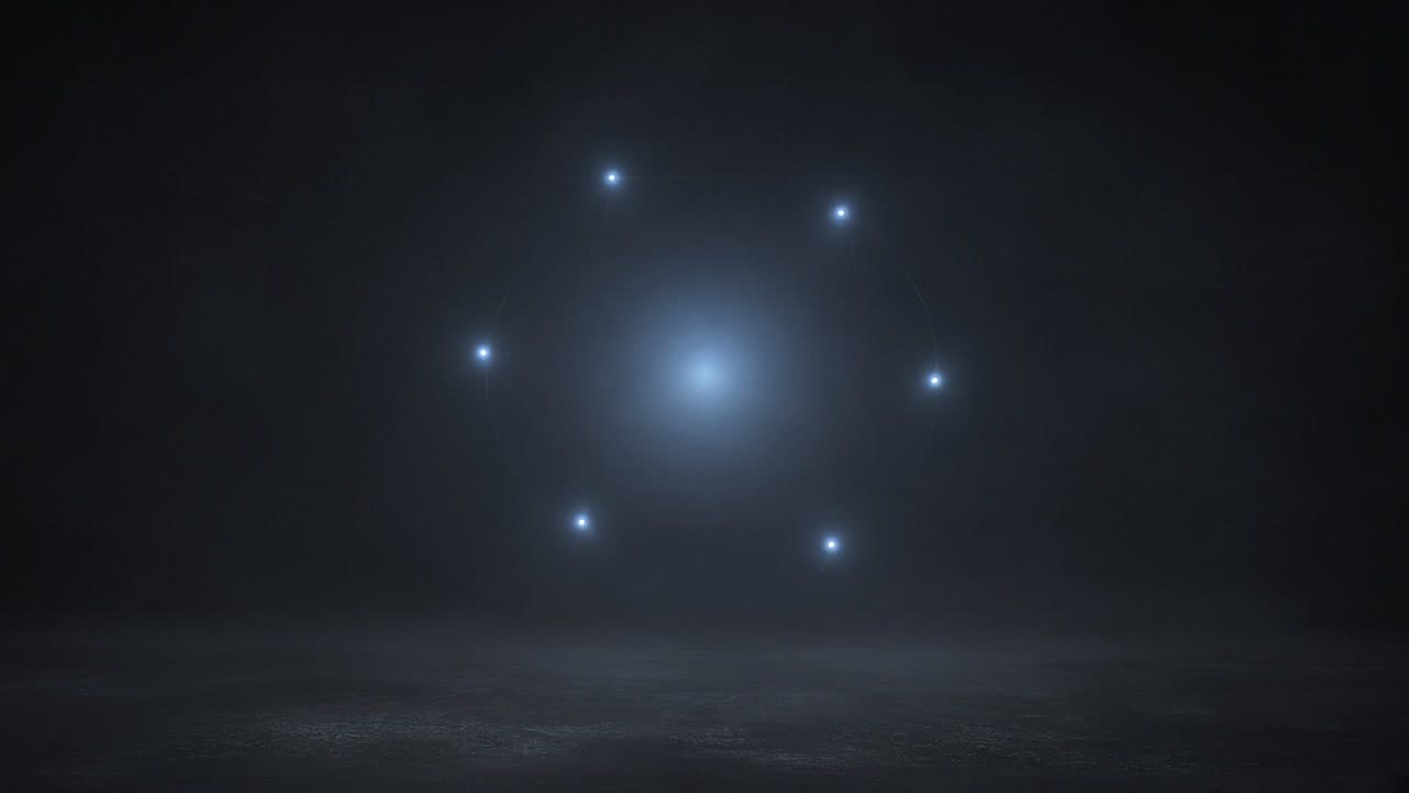 Six faint luminous points orbiting a shared cold glow over a calm graphite plane