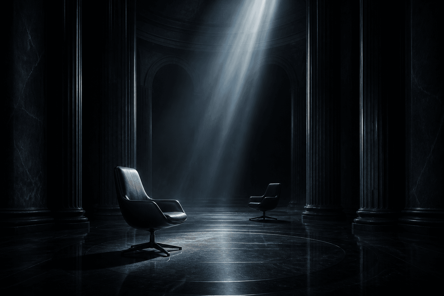 A dark hall of charcoal columns where a lit chair of light slides from one seat to another