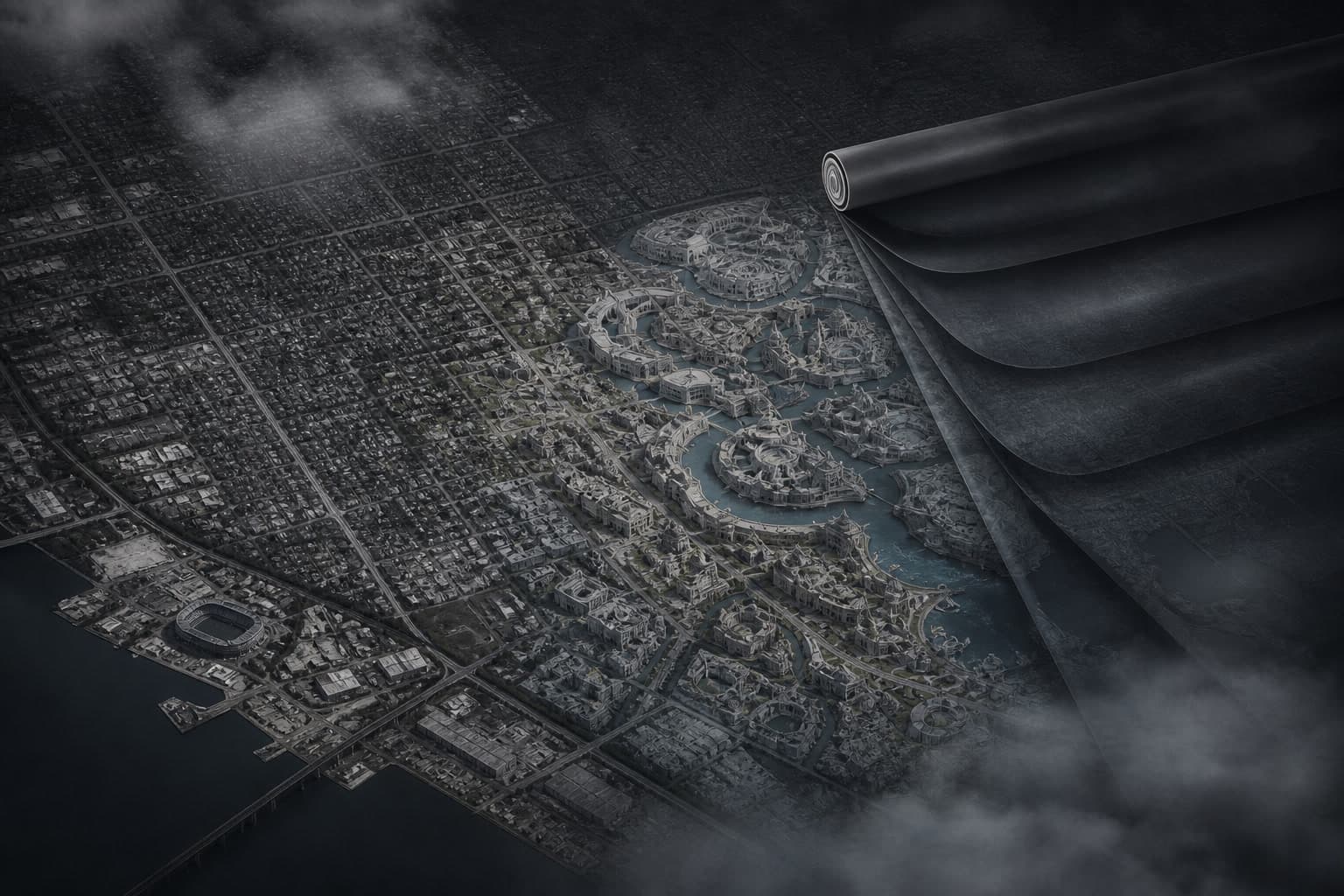 An aerial city map partly transformed into an imagined district beneath a closing dark veil