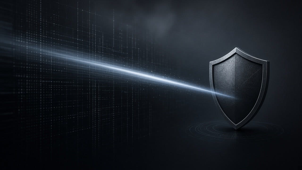 A cold-blue light beam striking a dark metal defensive shield over a faint code lattice