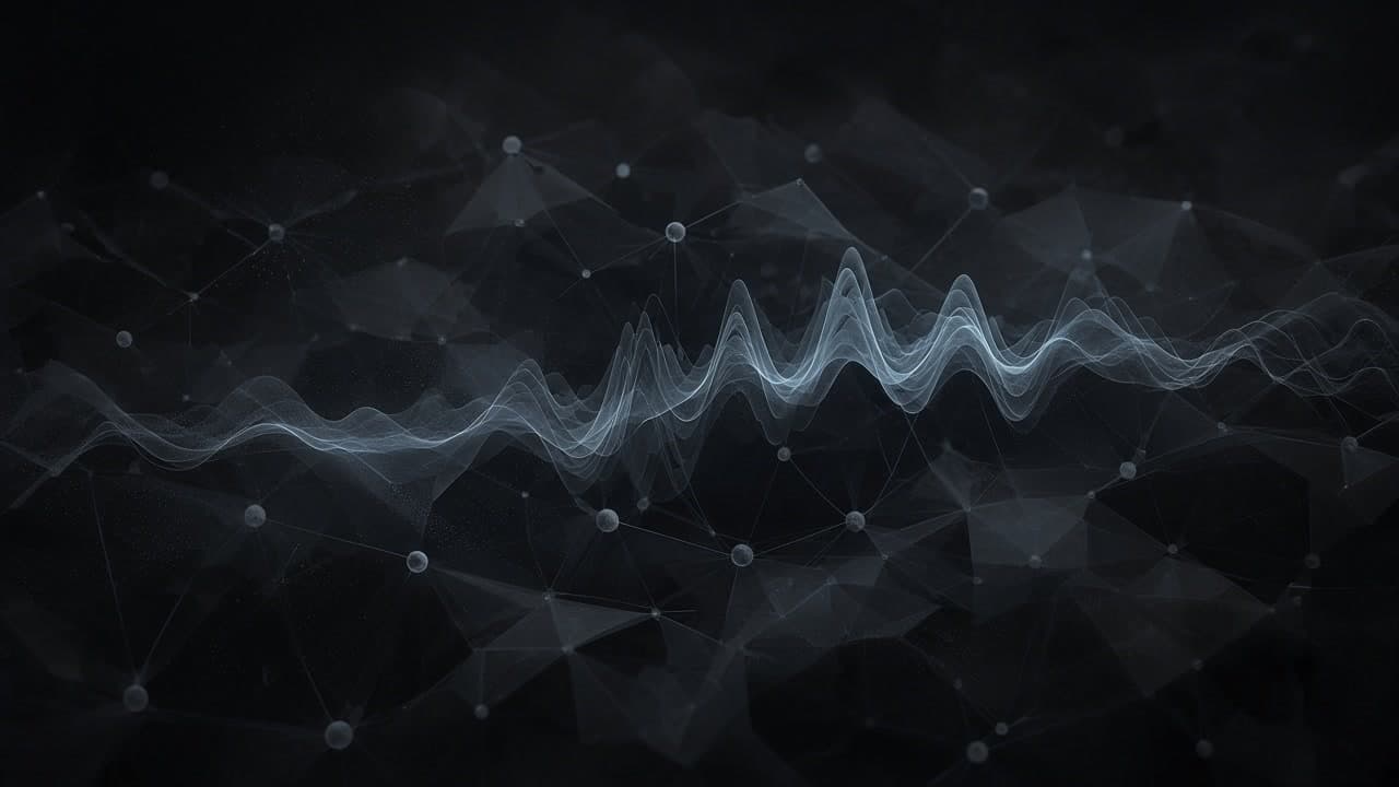 A luminous cold-white voice waveform threading a graphite lattice of conversation nodes