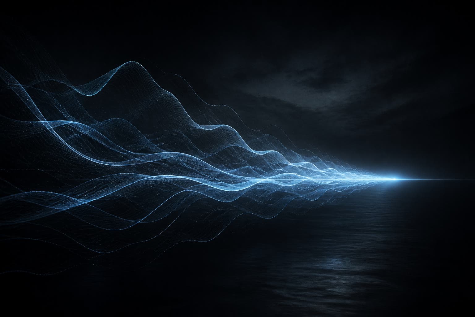 Cold-blue ribbon waveforms converging toward a single forecast glow on a dark horizon