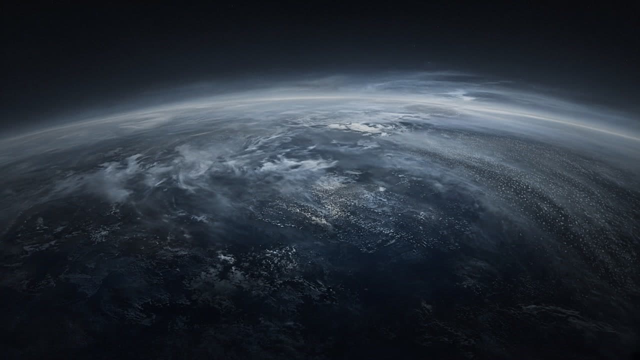 Earth’s curved night horizon under a thin luminous atmosphere with swirling cloud membranes