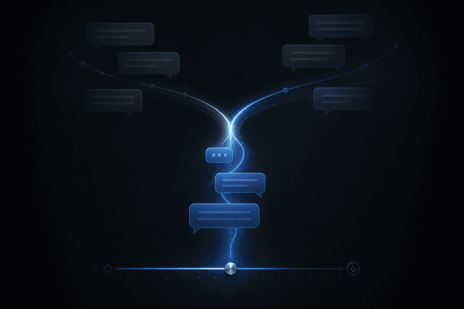 Two converging chat streams merging into one luminous thread with a subtle depth control