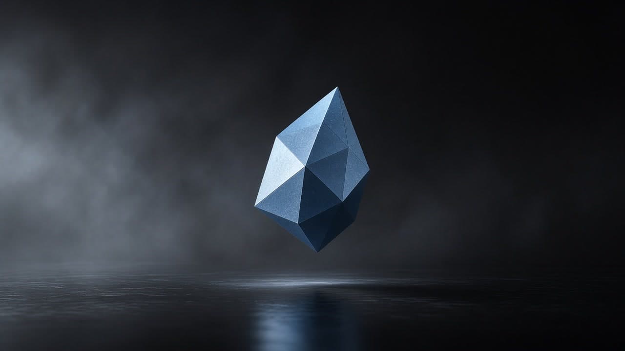 Faceted steel-blue polyhedron floating above a misty reflective floor in graphite dark