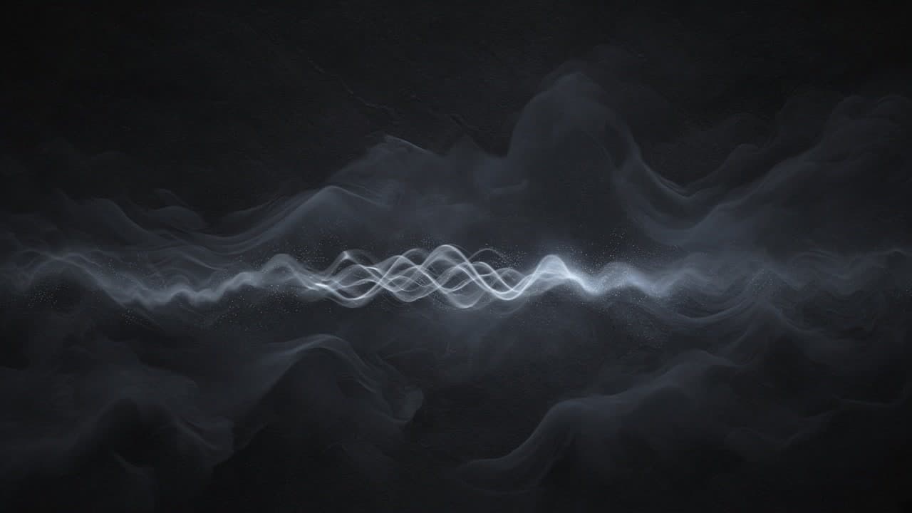 A cold luminous waveform threading layered graphite mist into clear speech lines