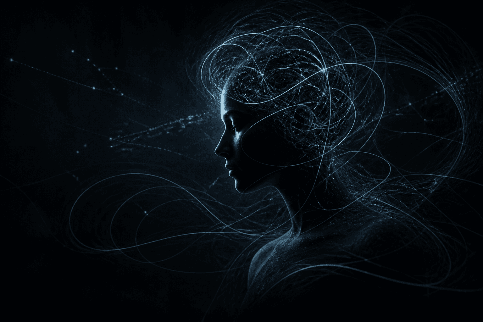 Soft cold-steel filaments of continuous thought looping over a dark graphite field