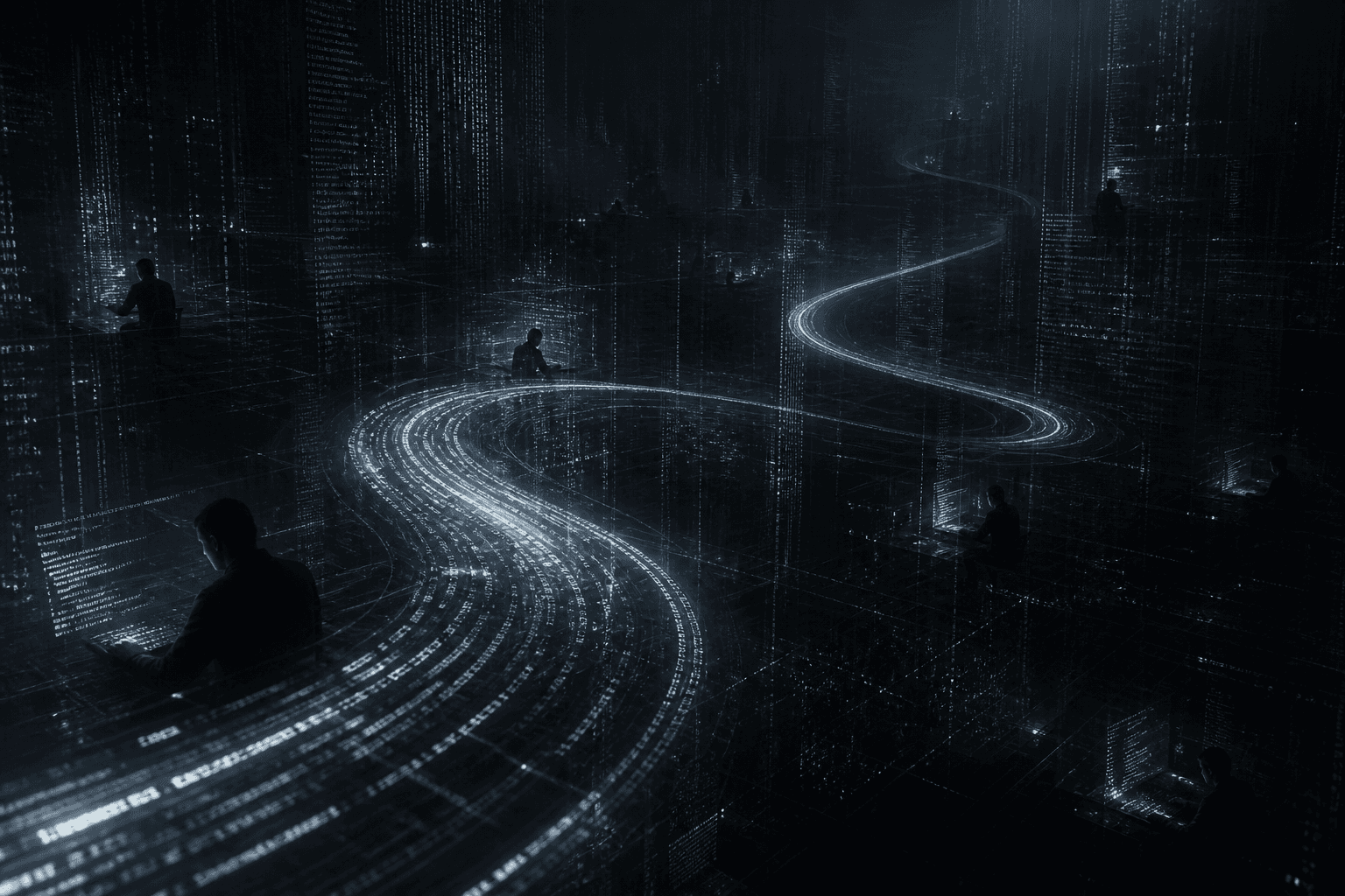 A luminous command-line ribbon weaving through a dark code lattice with parallel agent threads