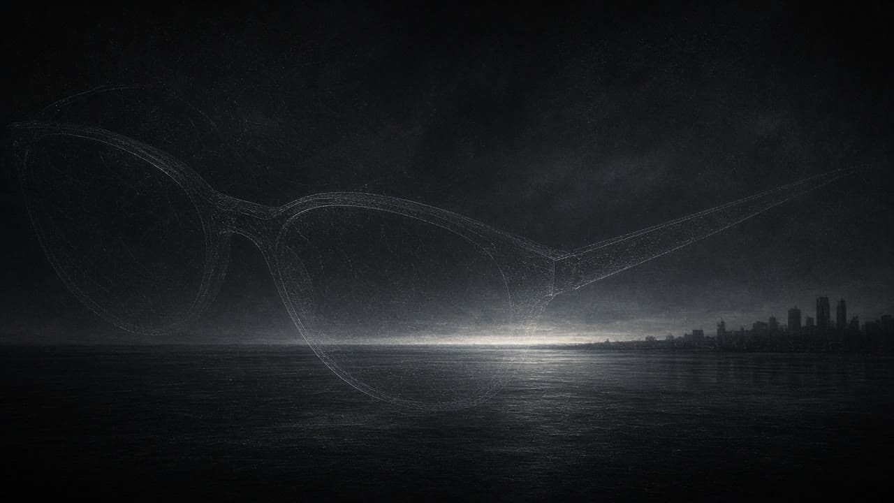 A slim translucent eyeglass silhouette dissolving into cold horizon light over graphite dusk