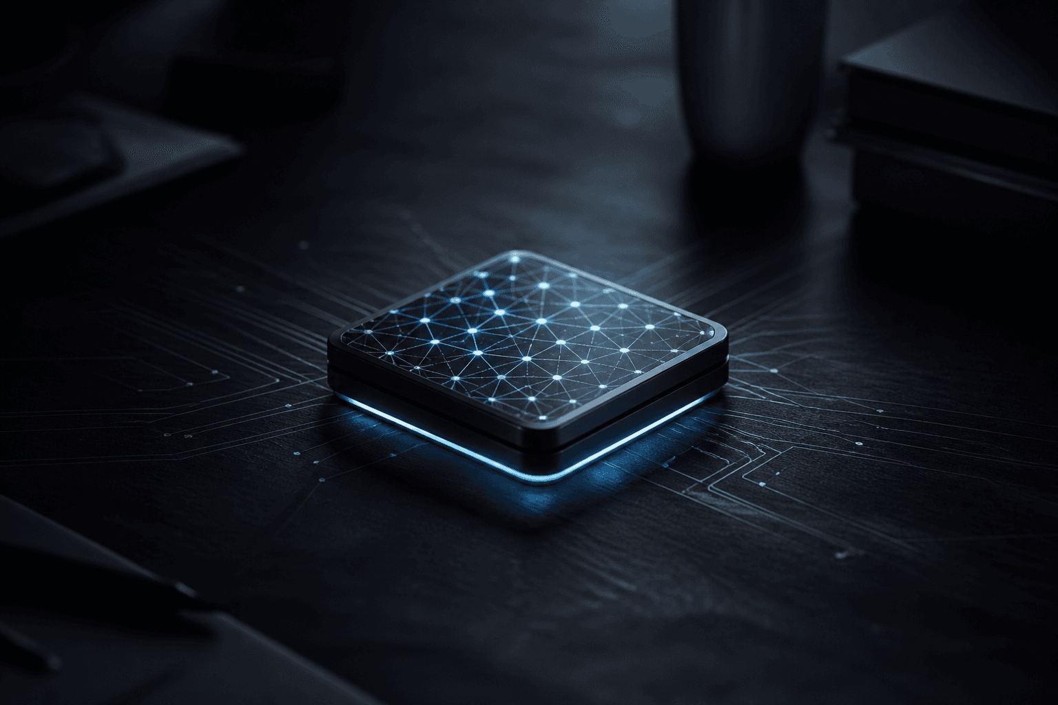 A compact luminous neural lattice on a dark desk, cold steel-blue light leaking from a local on-device model