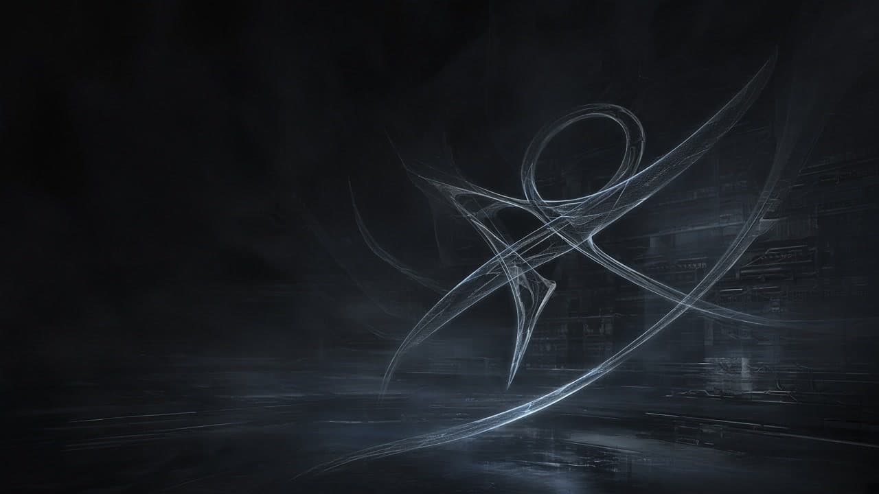 Interlocking cold-blue tool filaments weaving through a dark long-horizon lattice