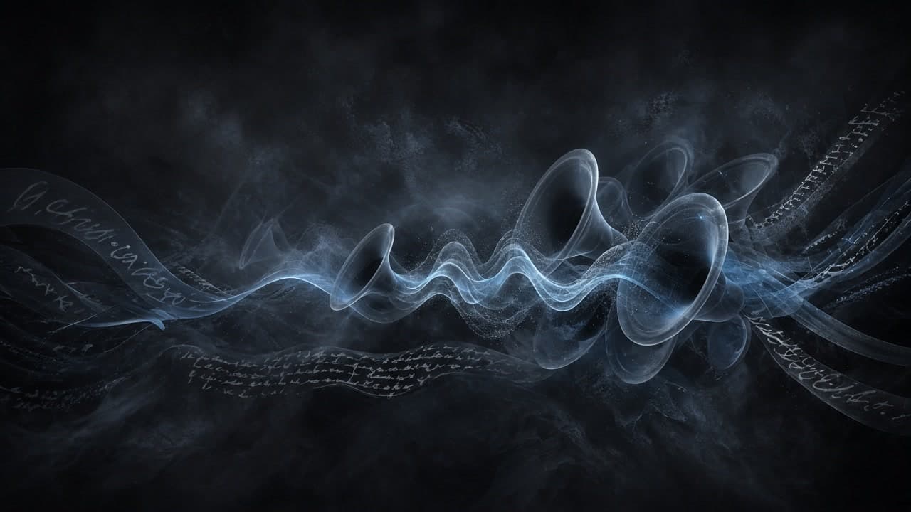 Cold-blue sound waves weaving through translucent horn forms and script ribbons in graphite mist