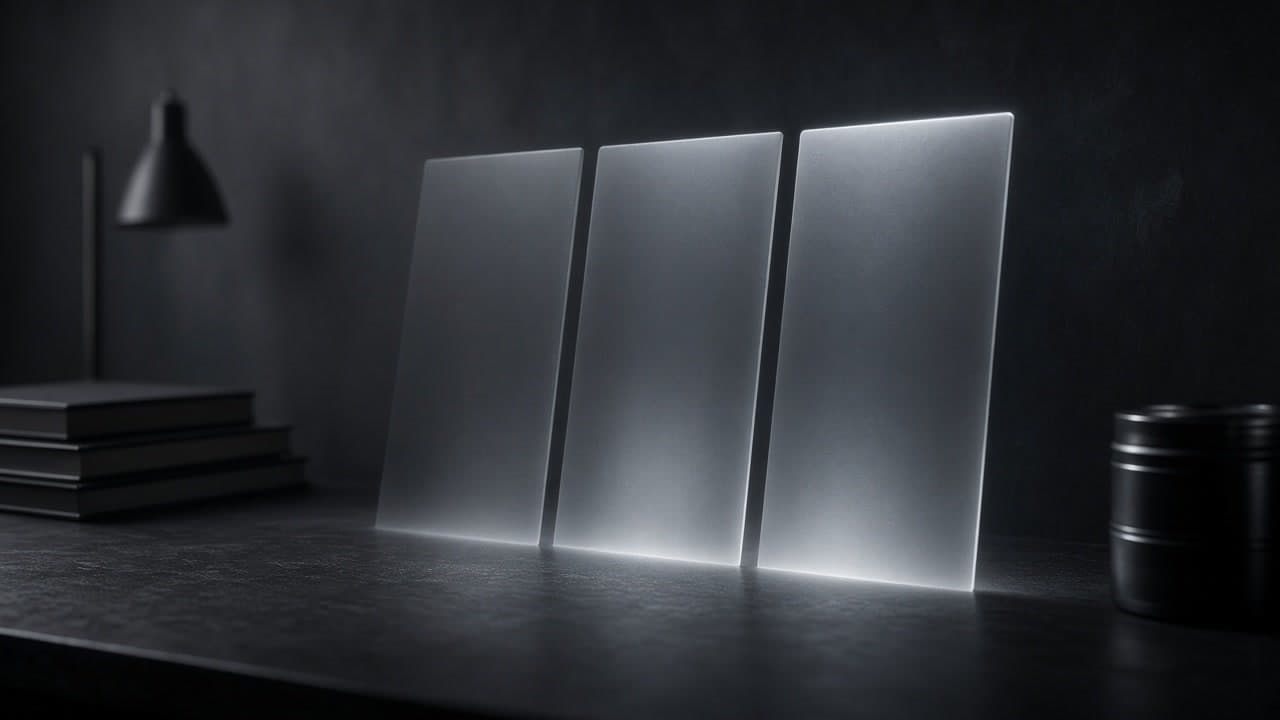 Three luminous frosted panels standing on a dark desk like a single calm workspace