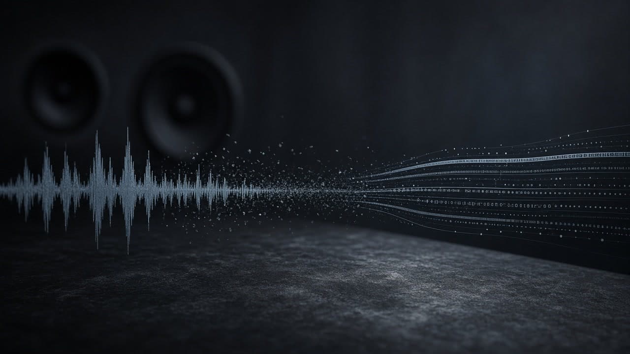 Cold-light waveforms dissolving into script ribbons over a dark studio desk