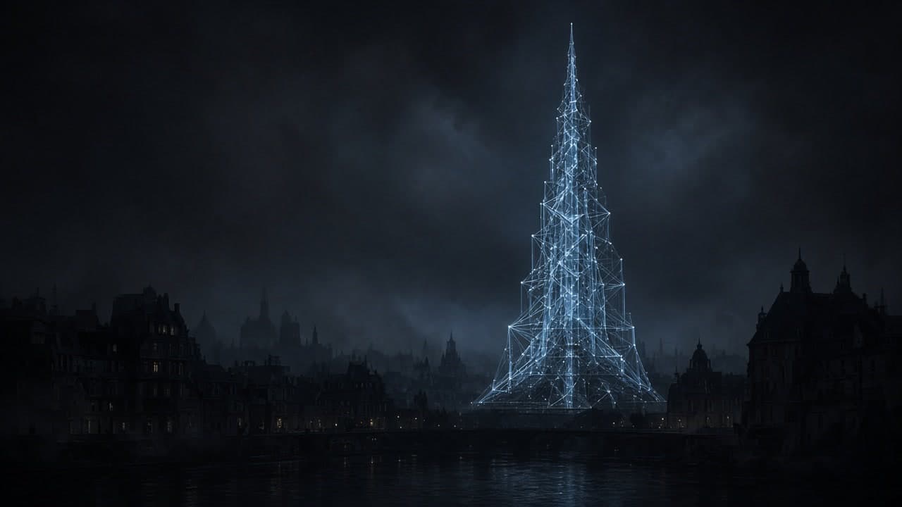 A luminous cold-steel lattice of open model nodes rising over a graphite night city silhouette