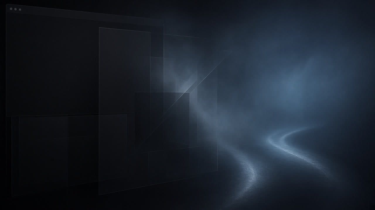 Overlapping translucent browser panes opening onto cold-blue paths through graphite mist